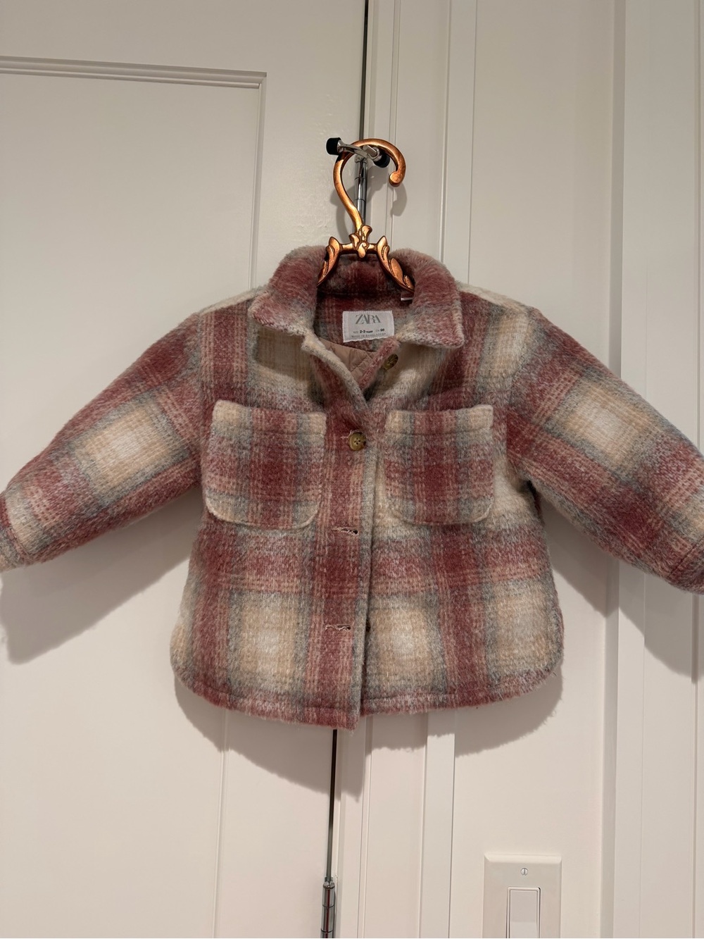 Kids Zara Pink & Cream Textured Wool-Blend Jacket. Ages 2-3 years.